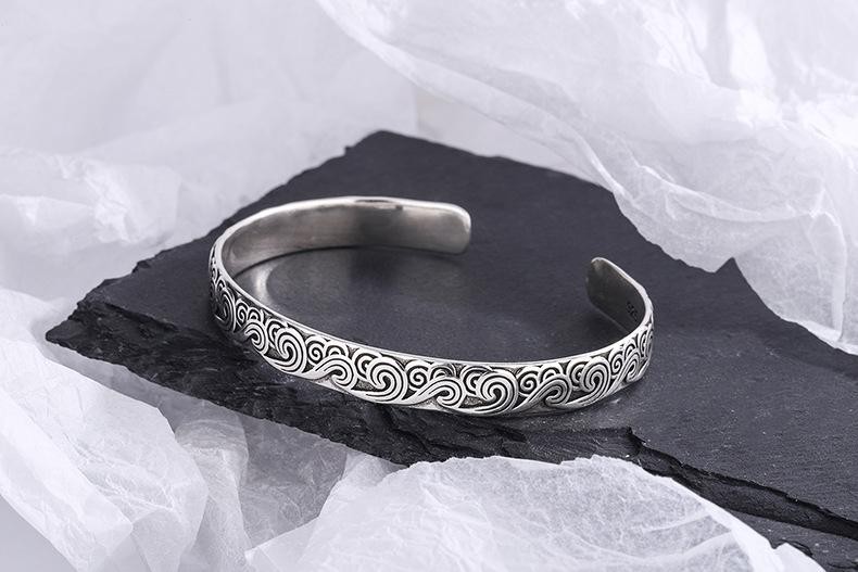 925 Sterling Silver Retro Wave Bangle Bracelet Fashion Open Cuff Jewelry Gift