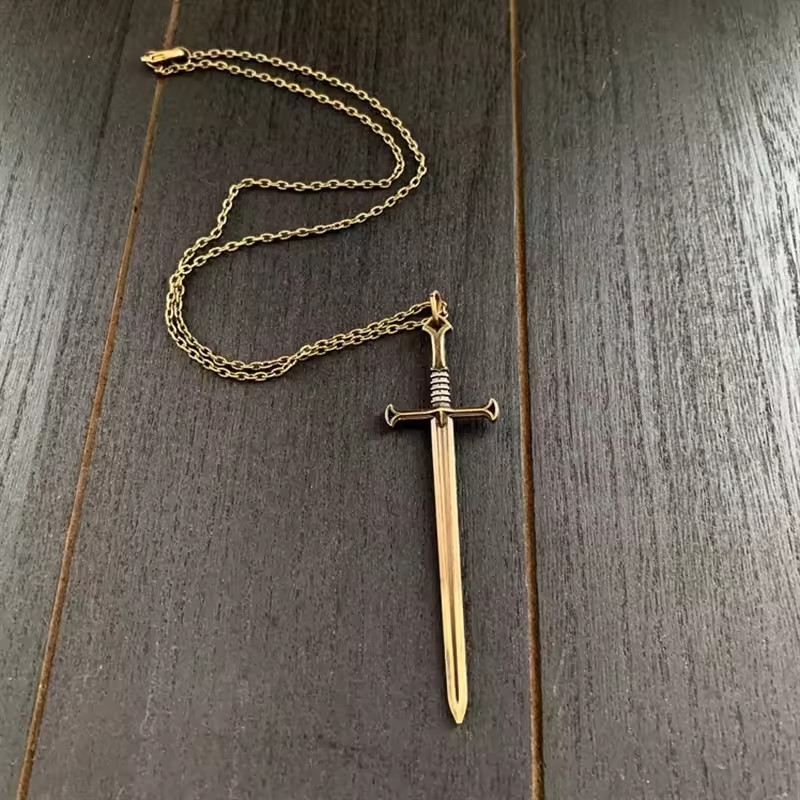Medieval Crusader Templar Anduril Narsil Style King Sword Necklace with Chain