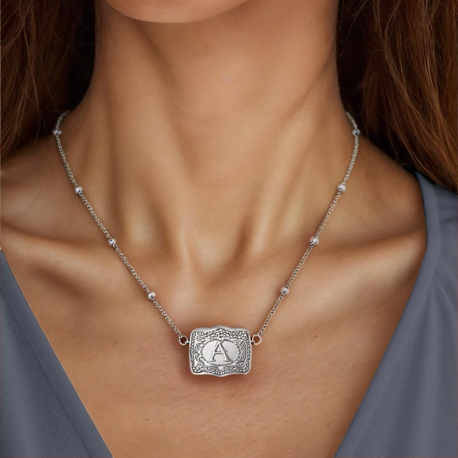 Mini Belt Buckle Necklace with Initial, Personalized Pendant Necklace Western…