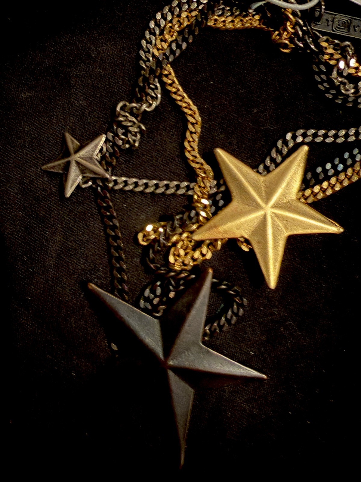 TOVA Layered Brazil Three-Star Necklace Gold Silver Black Curb