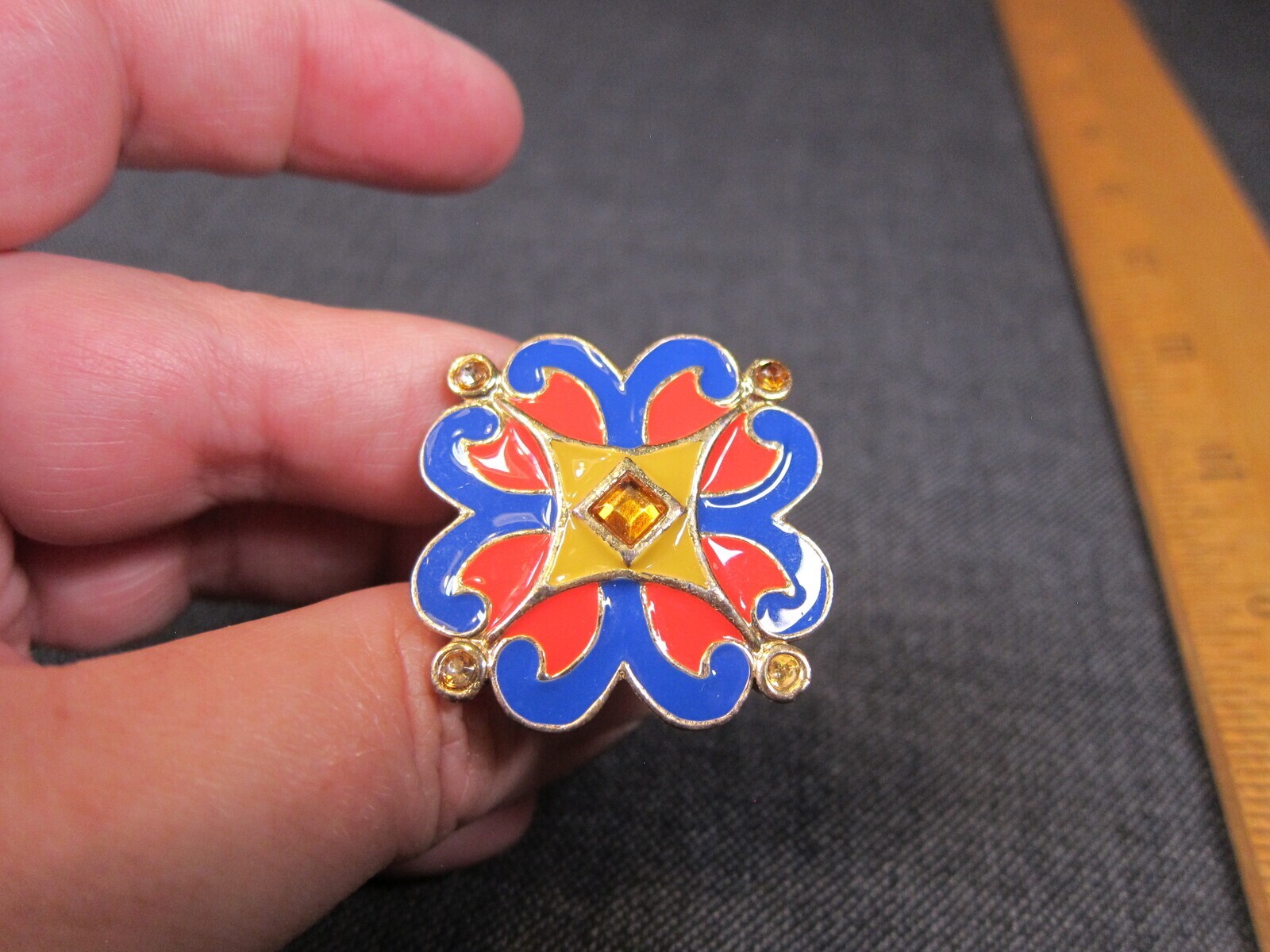 Gorgeous RARE Loulou de la Falaise cocktail ring size 7 blue orange enamel