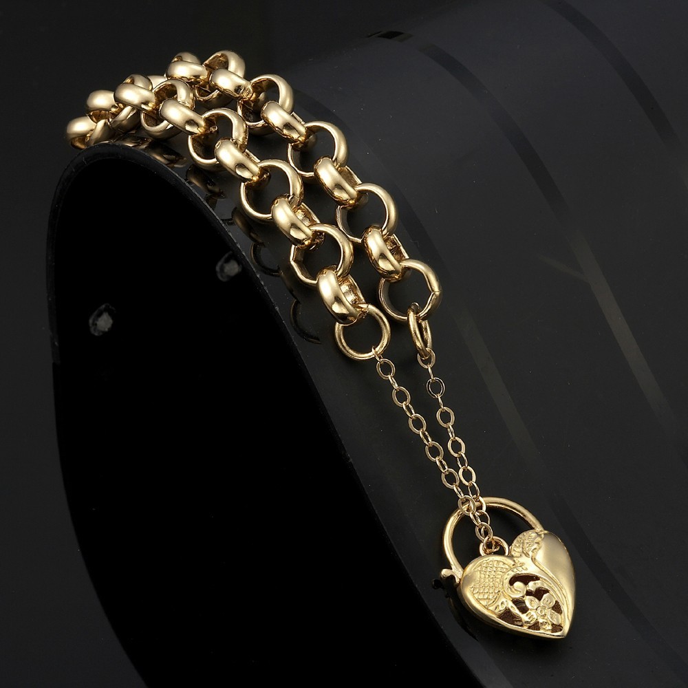 18K GL Solid Thick Chunky Belcher Gold Bracelet with Half Filigree Heart Padlock