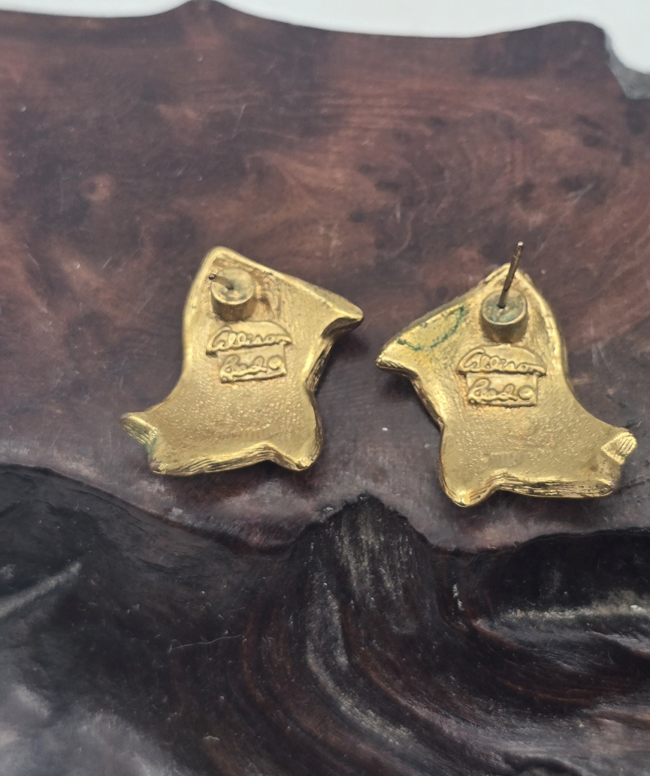 Enamel Gold Tone Tri Color Ribbon. Pierced Earrings Signed Allison Reed