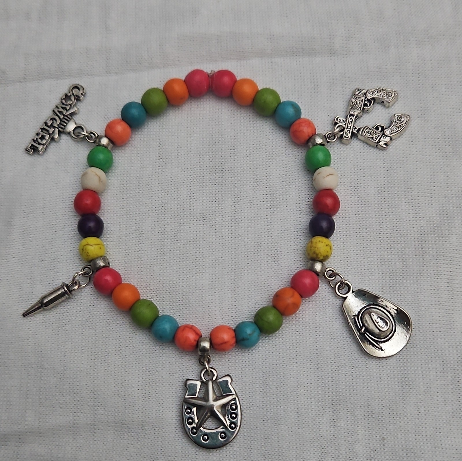 Multicolor Howlite Turquoise Beaded Western Charm Bracelet Stretchy Size 7-7.5