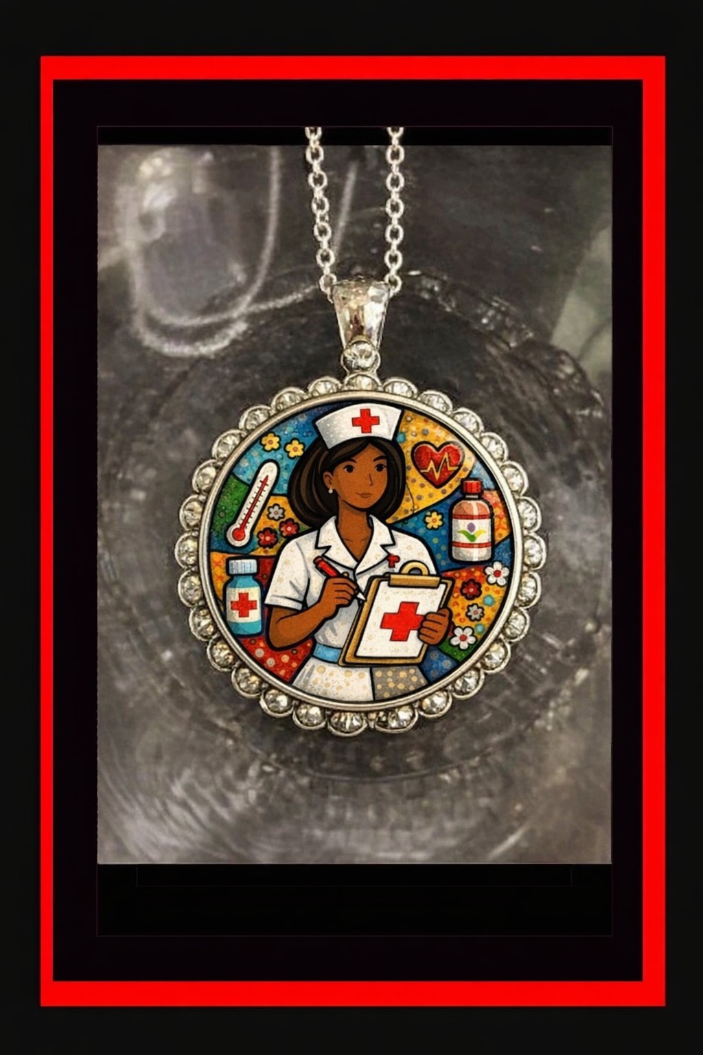 Nurse Nursing folk art 925 Silver Necklace Great Gift Gift Box Rhinestones