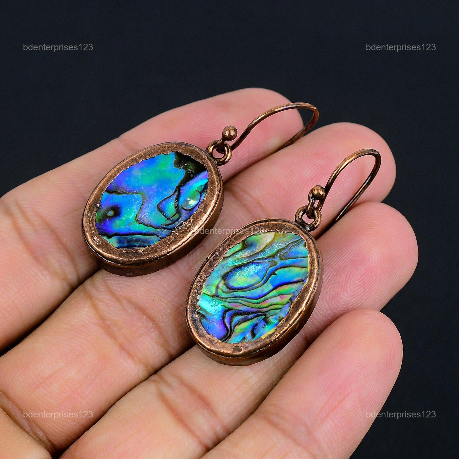 Copper Oval Abalone Shell Stone Wedding Drop Electroformed Hook Earrings Jewelry