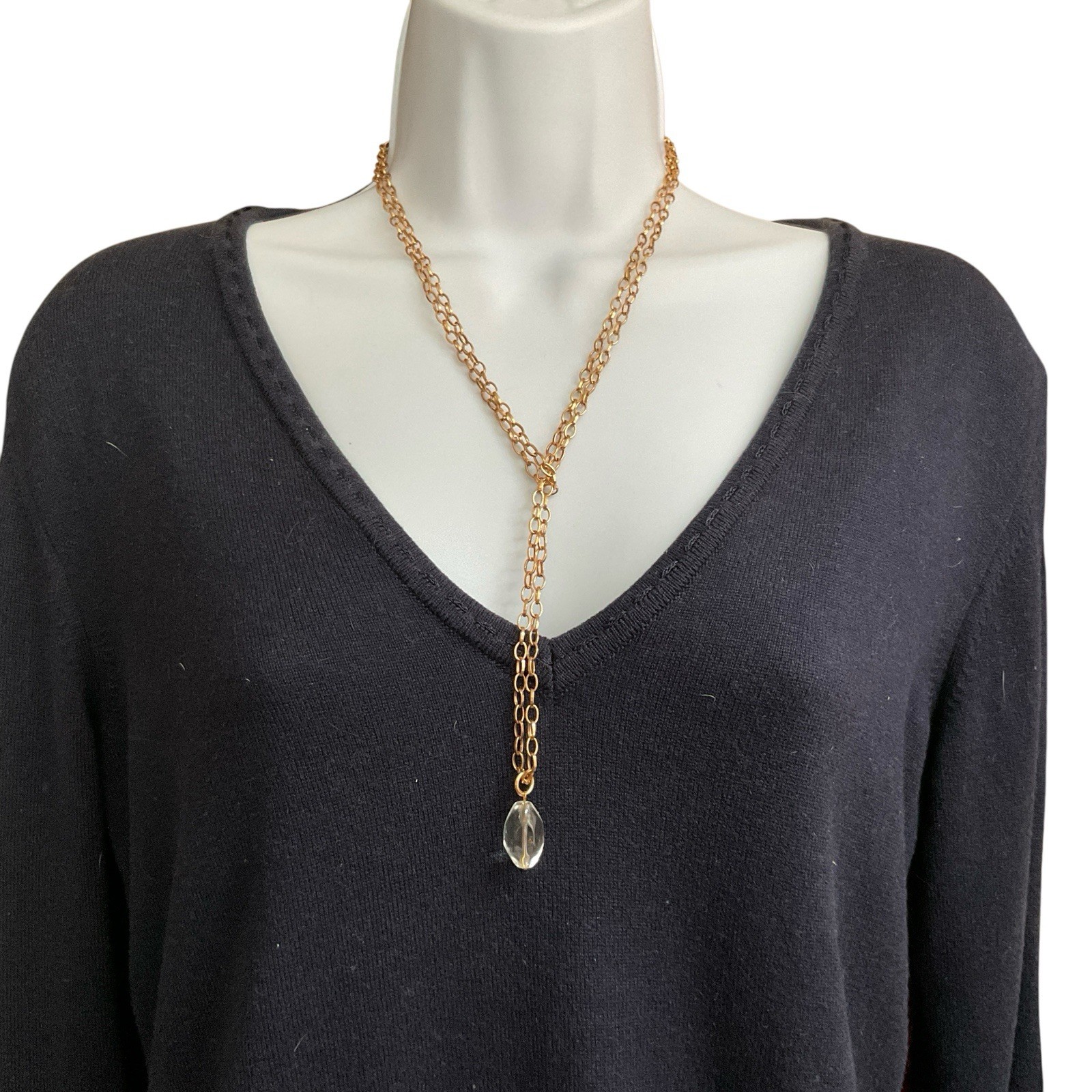 Long Gold Tone Chain Necklace Quartz Pendant 48” Layering Minimalist Light