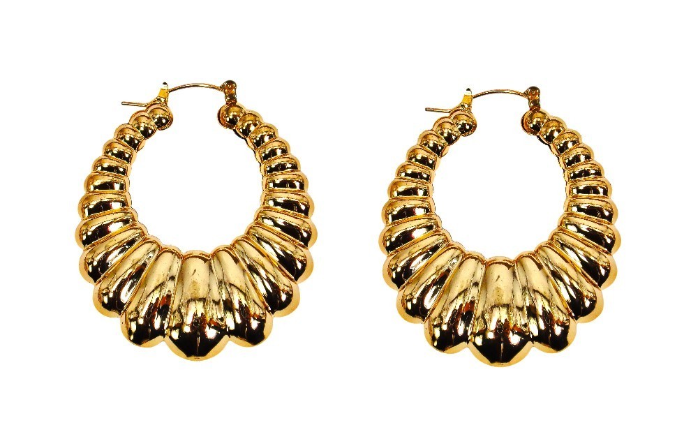 Large gold shrmp hoop earrings polished gold tone puffed ears 1.79″ x 1.68″ NEW