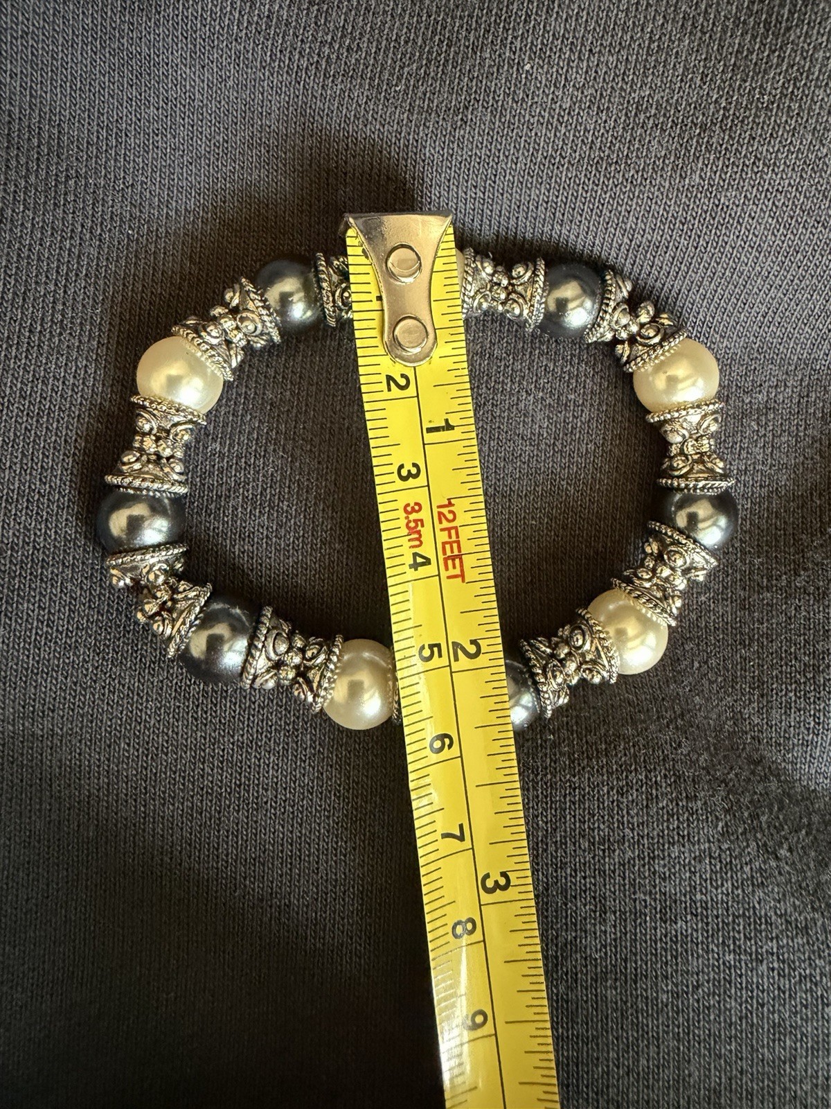 Black Ivory Faux Pearl Stretch Bracelet Silver Tone Spacer Beads Gali Style