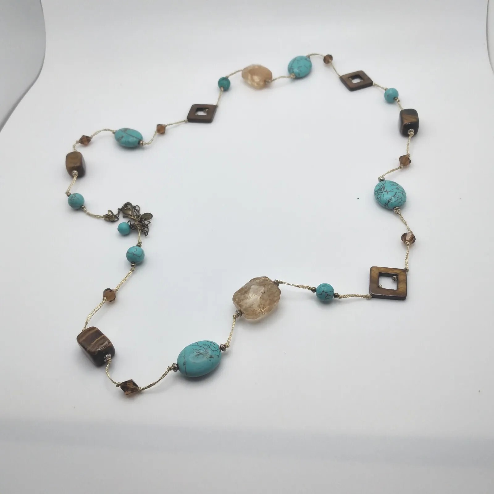Premier Designs Long Multi Bead Necklace Mixed Shapes Colors Goldtone Chain