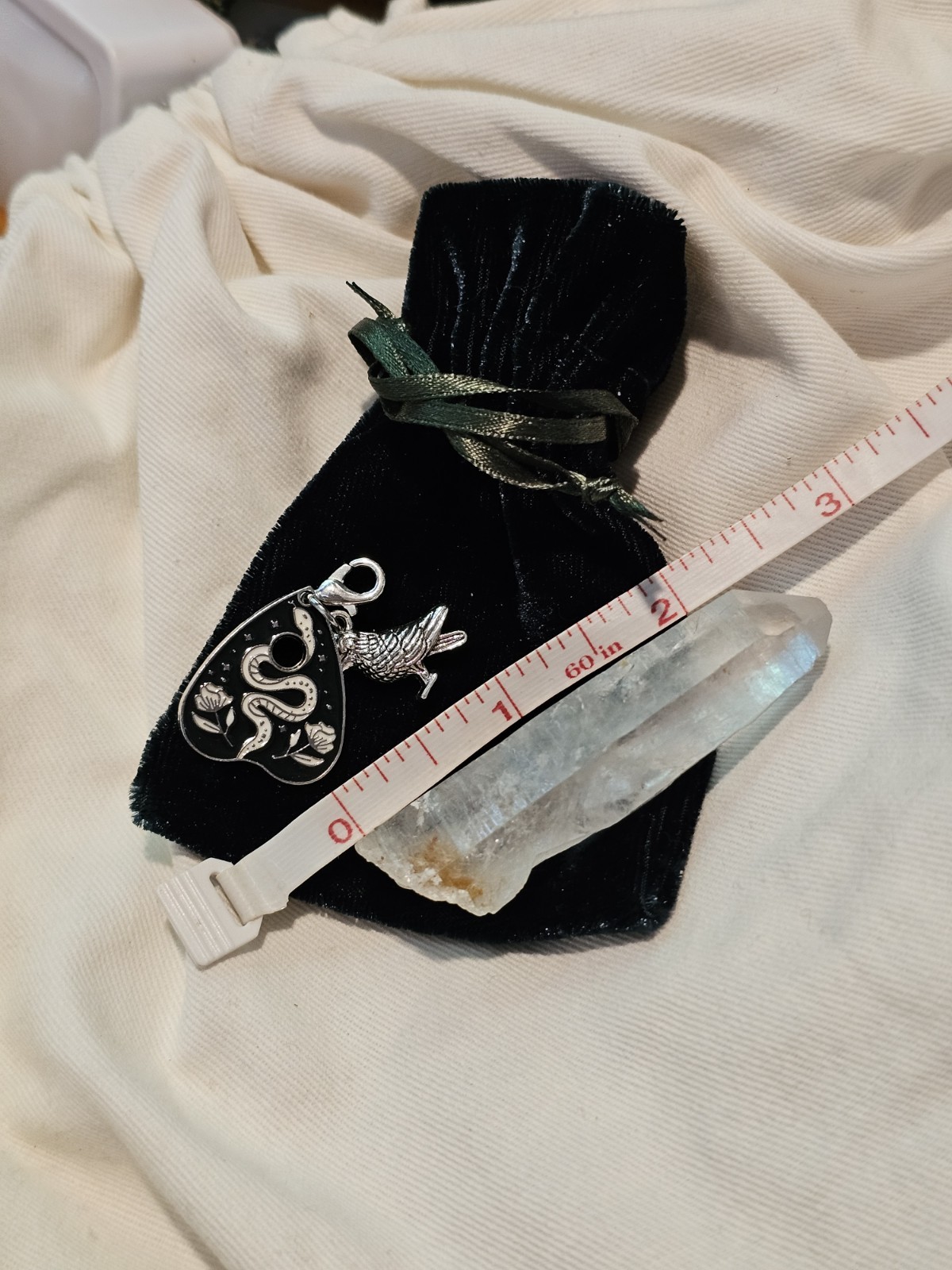 Silver Crow Planchette Dangle Charm Lobster Clasp Crystal Velvet Set