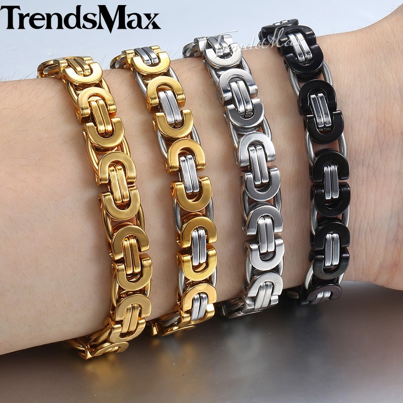 8mm Mens Silver Gold Plated Stainless Steel Flat Byzantine Chain Bracelet 7-11″