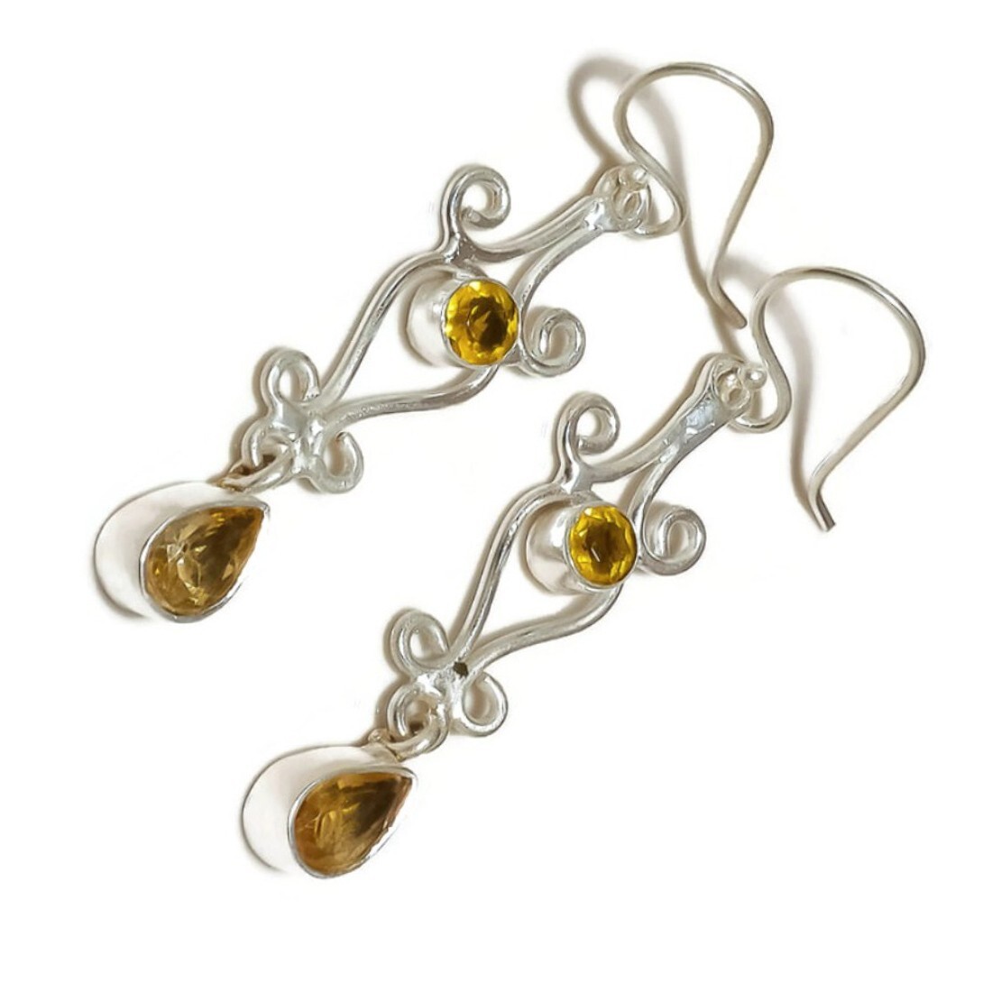 Gigantic Eye Clean Citrine Cut Gemstone 925 Silver Handmade Double Drop Earrings