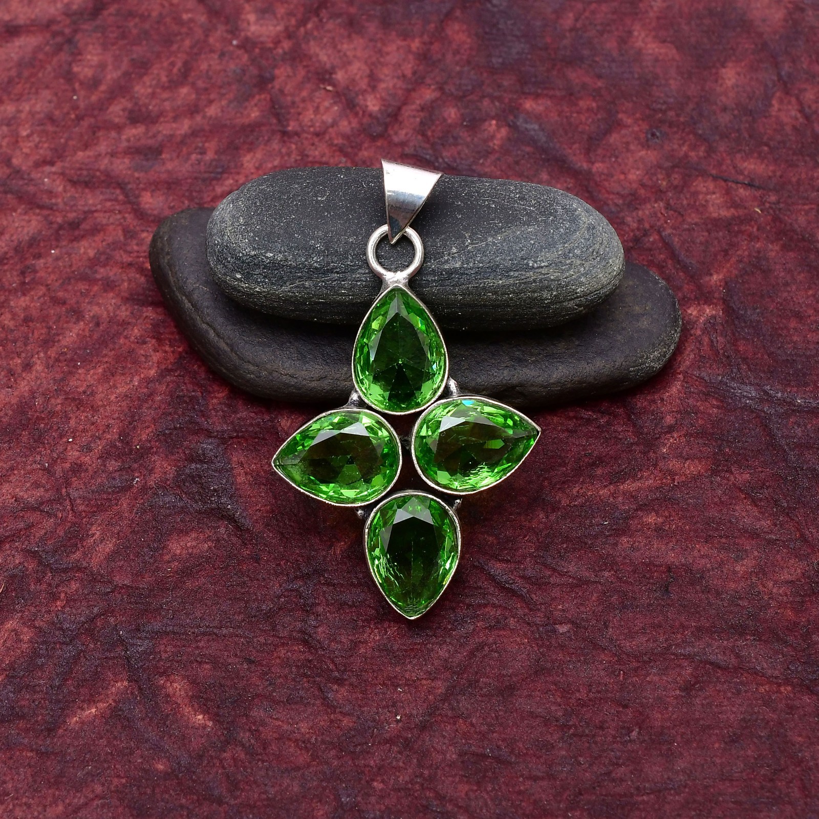 Green Amethyst Gemstone 925 sterling silver Handmade Cross Pendant jewelry 2.75″