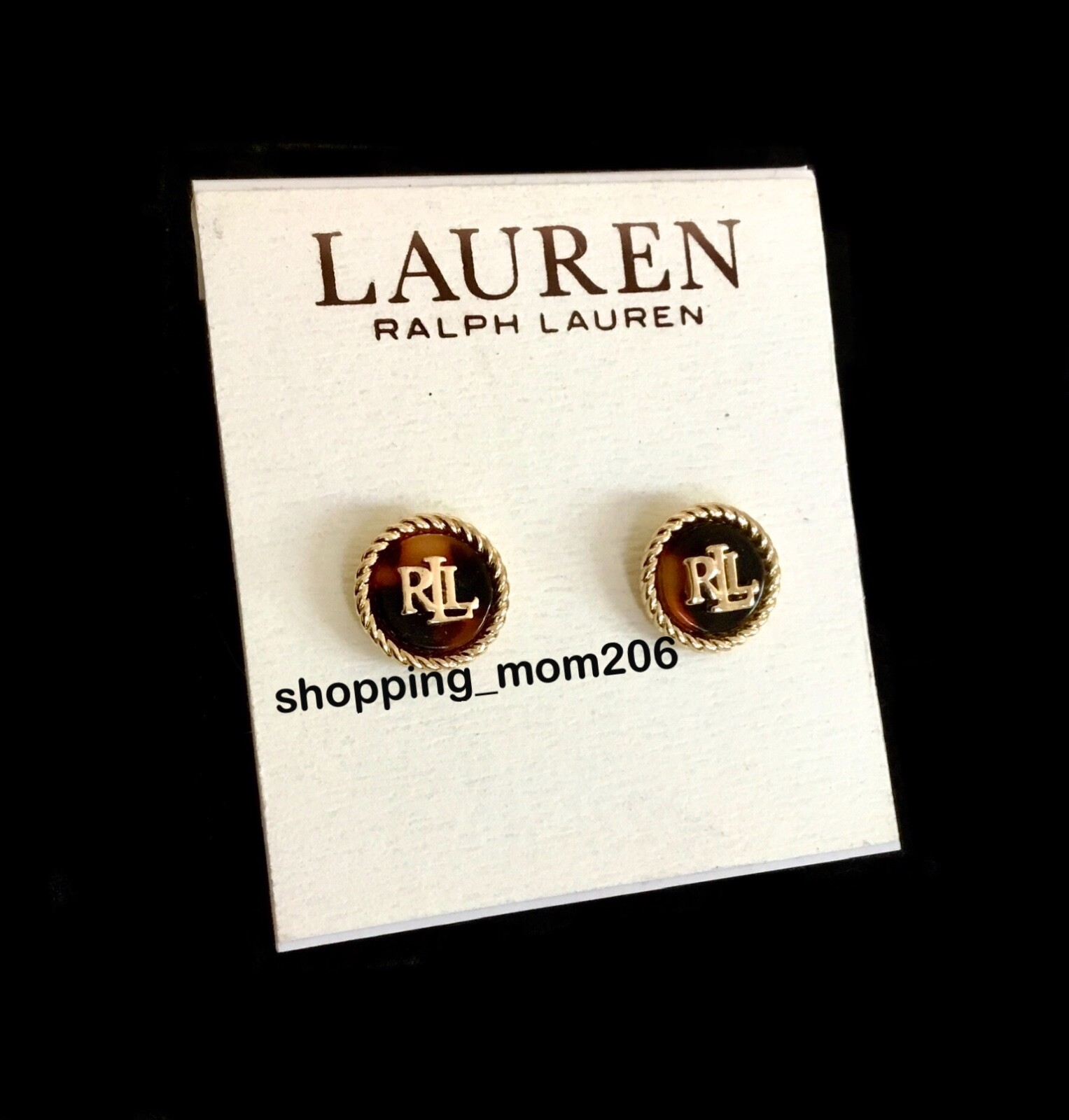 Lauren Ralph Lauren Gold Tone Tortoiseshell Logo Stud Earrings