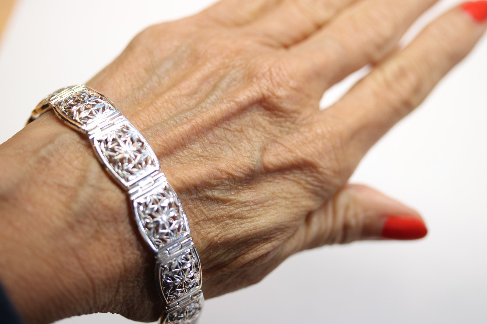 Vintage 925 Sterling Silver Floral Filigree Panel Bracelet 7.5” Signed 21g #285