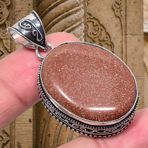 Red Goldstone Gemstone Vintage Pendant 1.9″