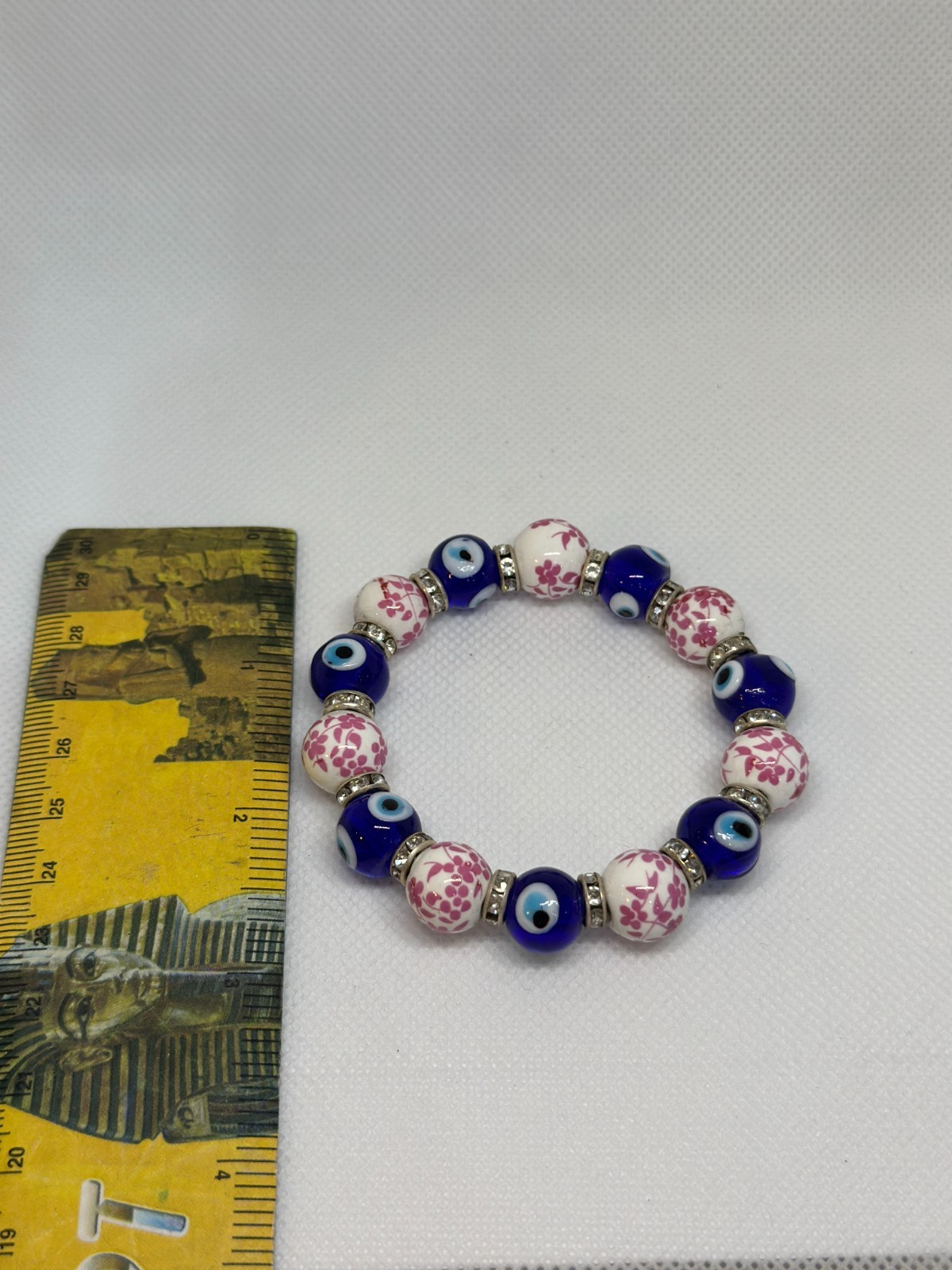 EVIL EYE BRACELET BLUE GLASS CERAMIC PINK FLOWER BEADS PROTECTION LUCKY JEWELRY
