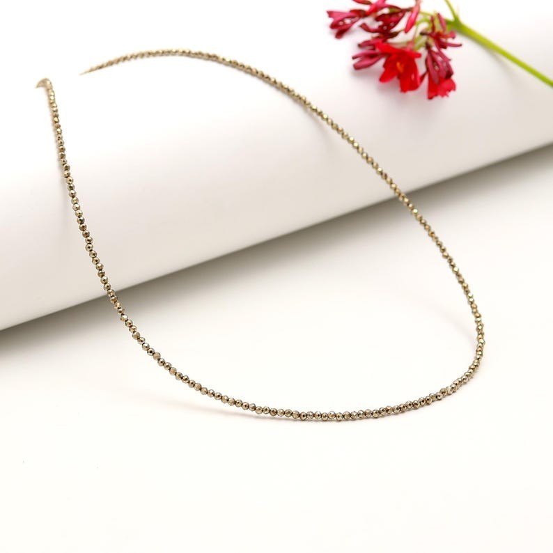 Dainty 2-3MM Gold Pyrite Faceted Round Gemstone Beads Confidence Necklaces 32”