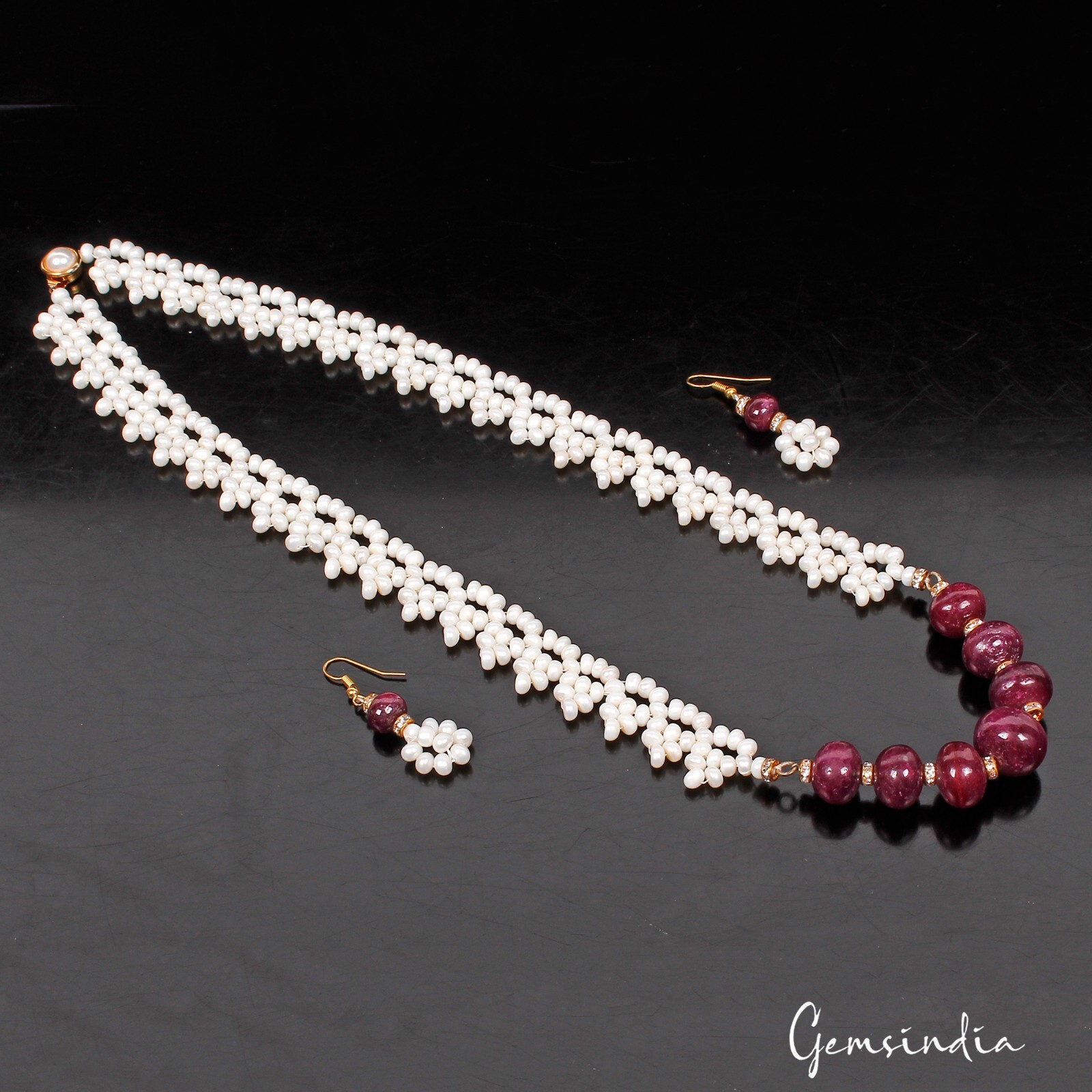 450 Ct Natural Freshwater Pearl & Ruby Beaded Handmade Necklace & Earrings 24″
