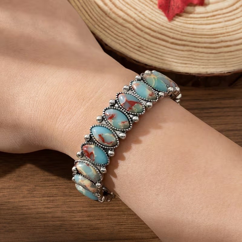 Elegant 925 Sterling Silver Caribbean Larimar Pectolite Unique Charm Bangle Cuff