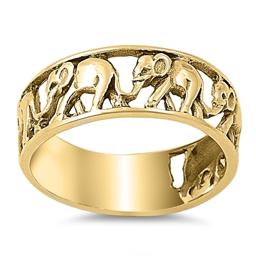 .925 Sterling Silver Yellow Gold Plated Elephant Herd Ring Size 5 to 10 NEW