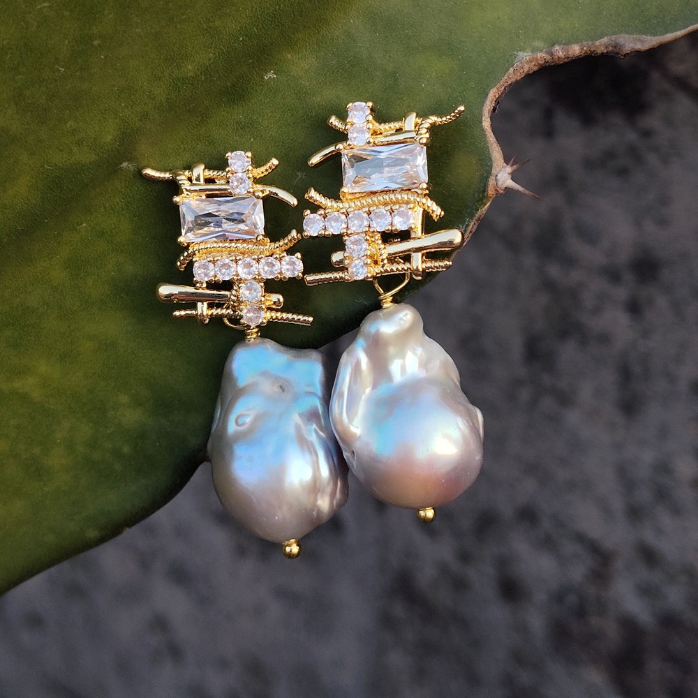 Real Gray Nucleated Baroque Pearl Drop Stud Woman Earrings Gifts