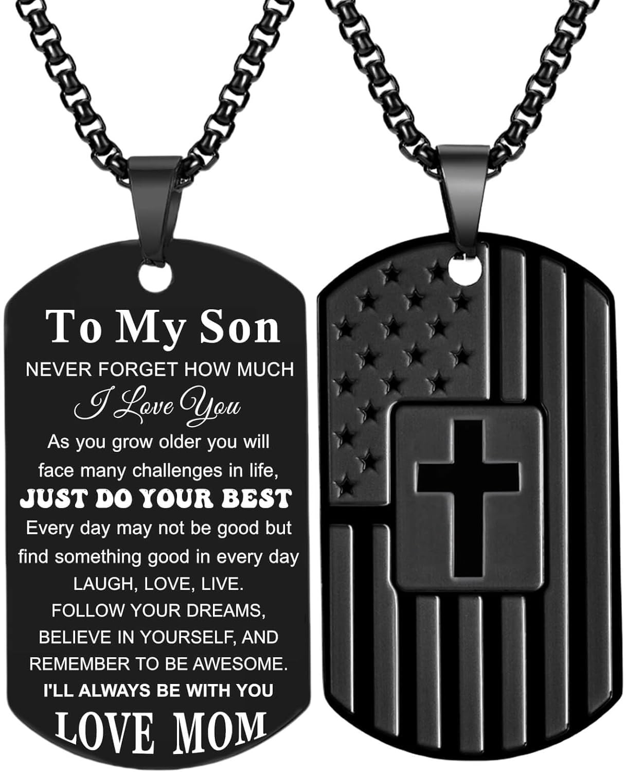to My Son Necklace from Mom Dad, Dog Tag Cross Necklace for Men