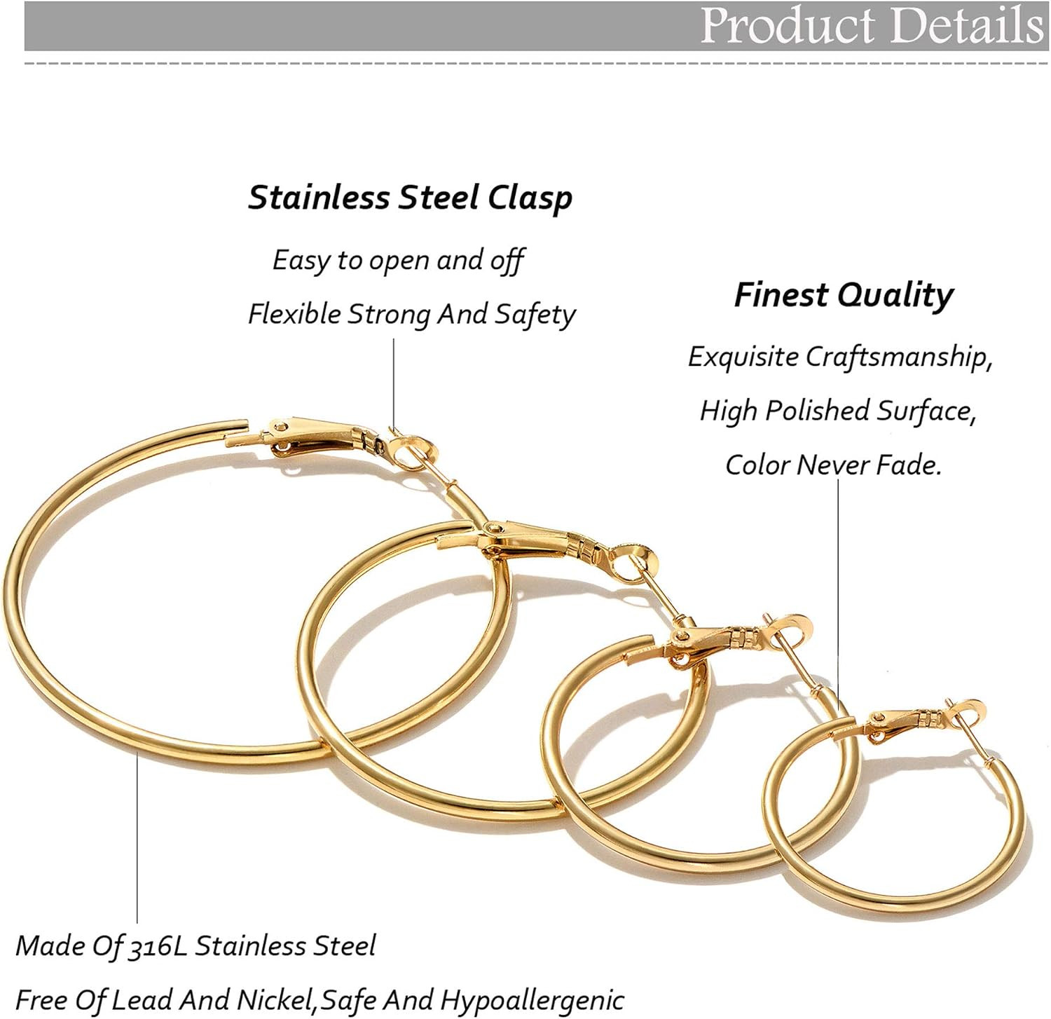 4/10 Pairs Stainless Steel Gold Silver Plated Hoop Earrings Hypoallergenic Daint
