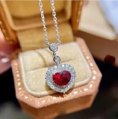 Valentine Gift Simulated Ruby Women’s Heart Shape Pendant 14K White Gold Plated