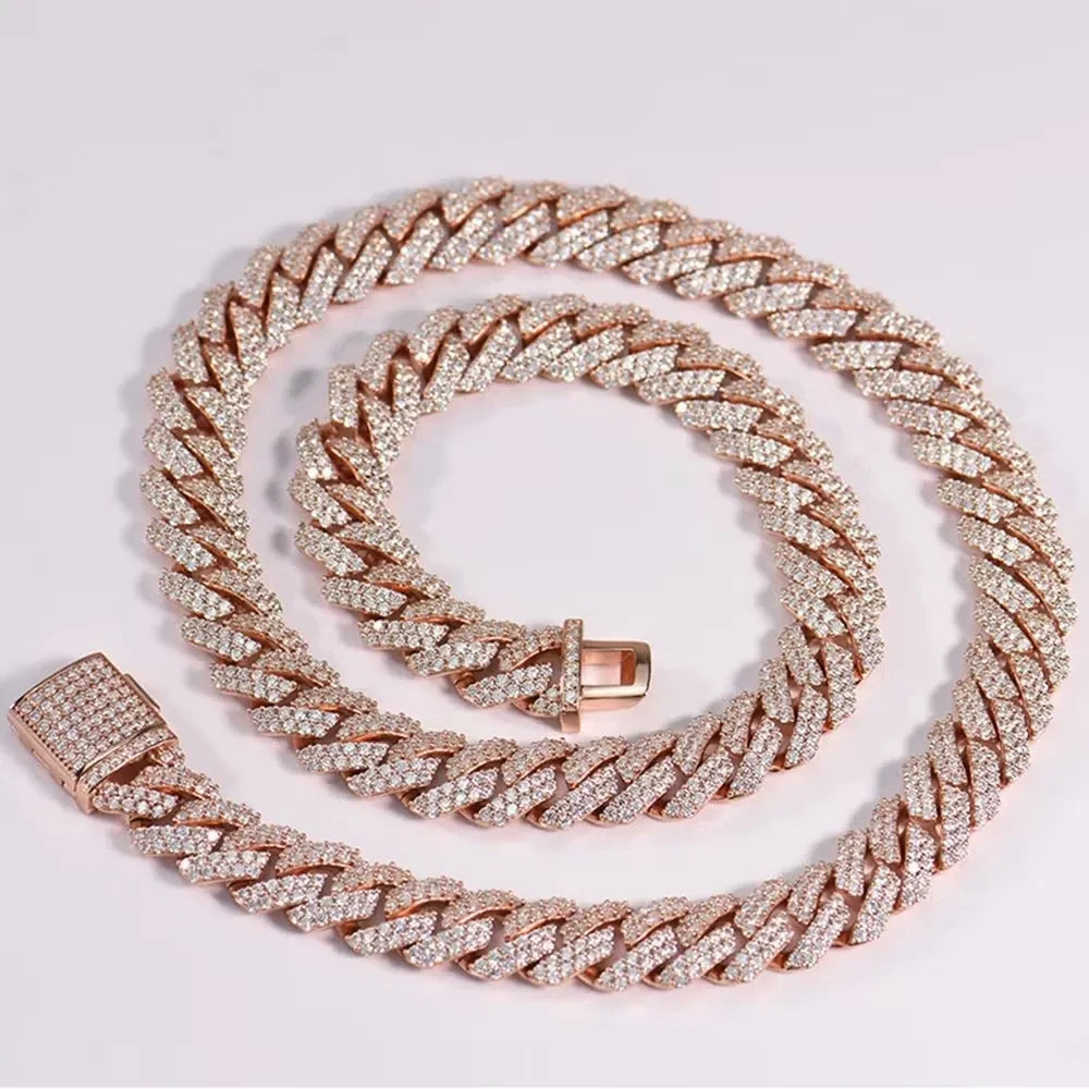 Iced Out Cuban Link Chain 14mm Rose Gold CZ Pave Necklace Unisex