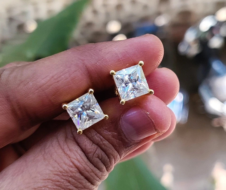 1.00Ct Princess Cut Moissanite Solitaire Stud Earrings 14K Yellow Gold Plated