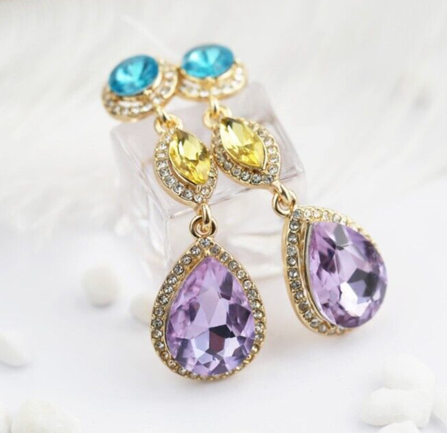 Elongated Drop Christmas Gift Earrings Yellow Gold Plated 3 CT Simulated Diamond