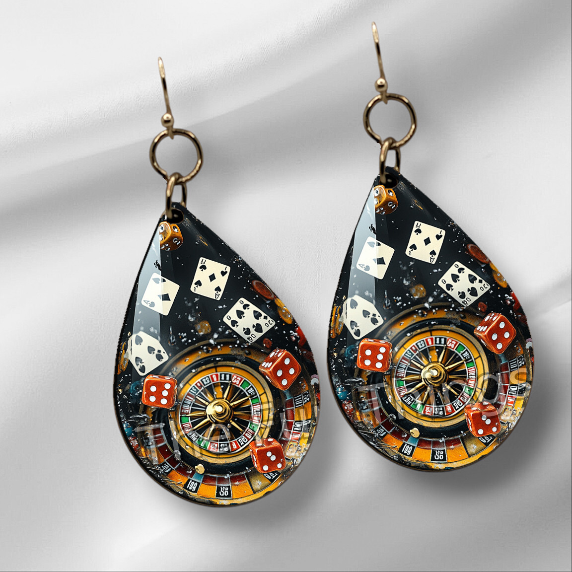 Casino Dice Roulette Wheel Earrings NO TARNISH Wood Teardrop Dangle Gambler Gift