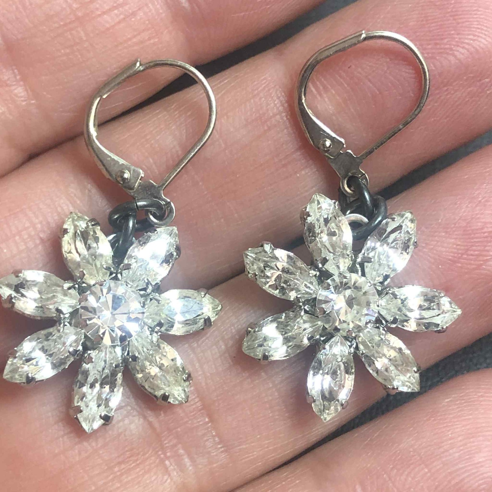 7496 John Wind flower crystal leverback silvertone dangle earrings