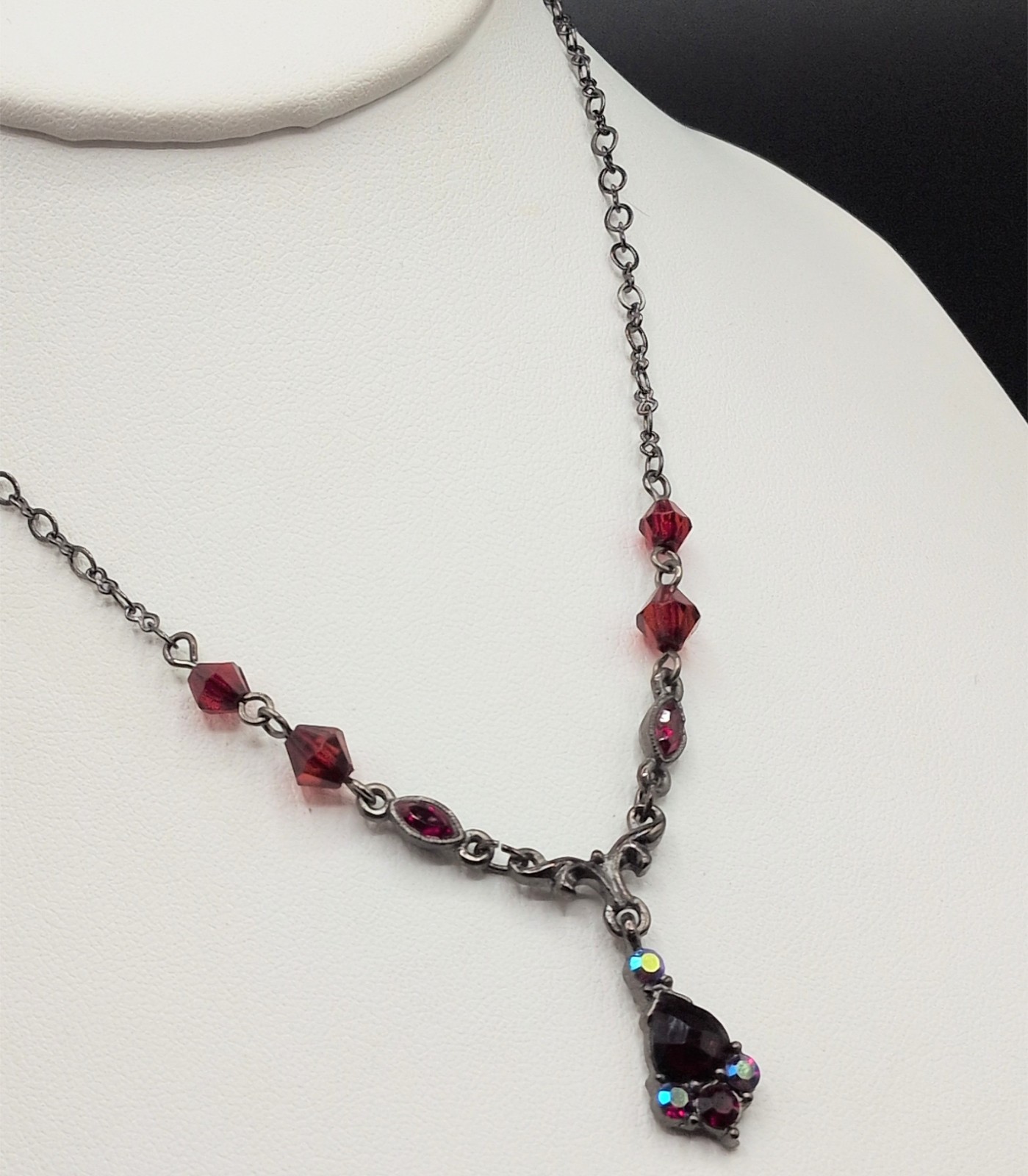 Necklace 1928 Gunmetal Silver Tone Y-Drop Red Beads Aurora Borealis Rhinestones