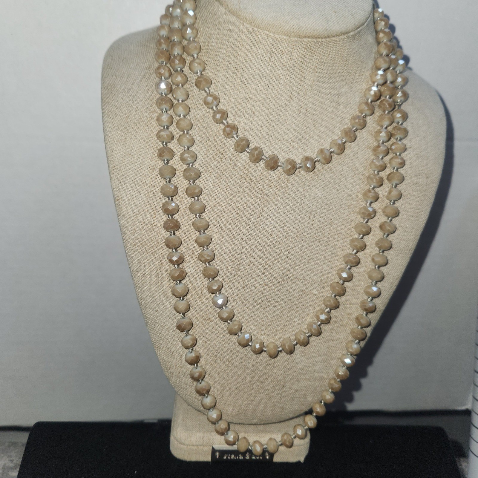 Champagne Iridescent Faceted Glass Bead Hand Knotted Long Rope Necklace 62 Inch