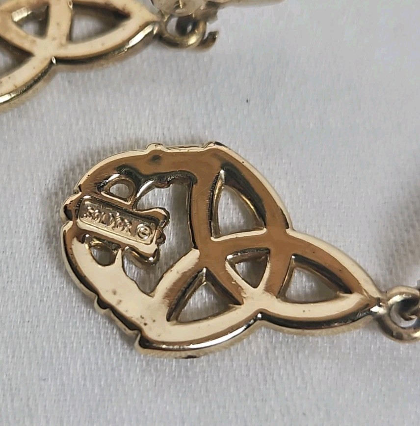 Triquetra Claddagh Earrings Celtic Dangle Drops Pierced Gold tone Signed Soldor