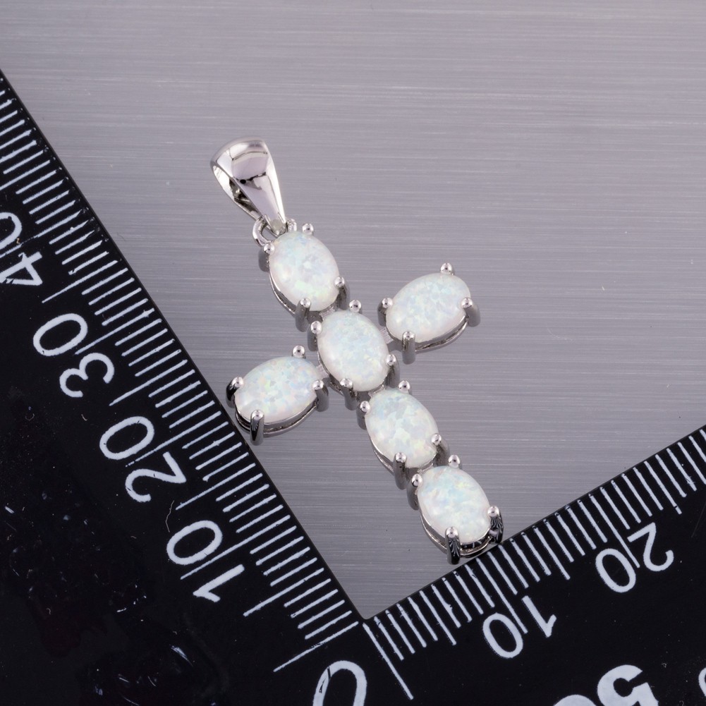 Latin Cross Oval White Fire Opal Cabochon Silver Jewelry Necklace Pendant
