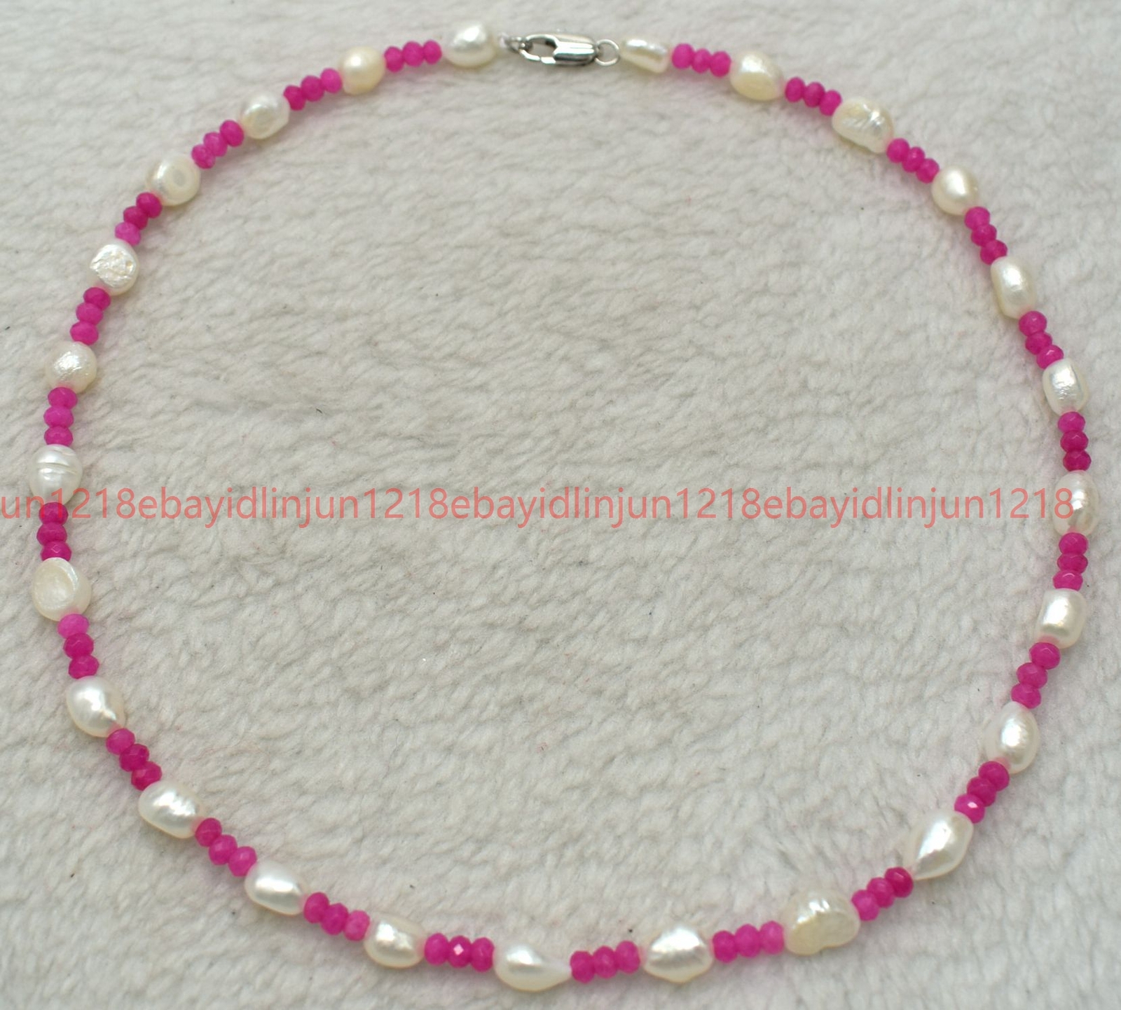 7-8mm White Freshwater Baroque Pearl 2x4mm Rose Red Jade Beads Necklaces 18”