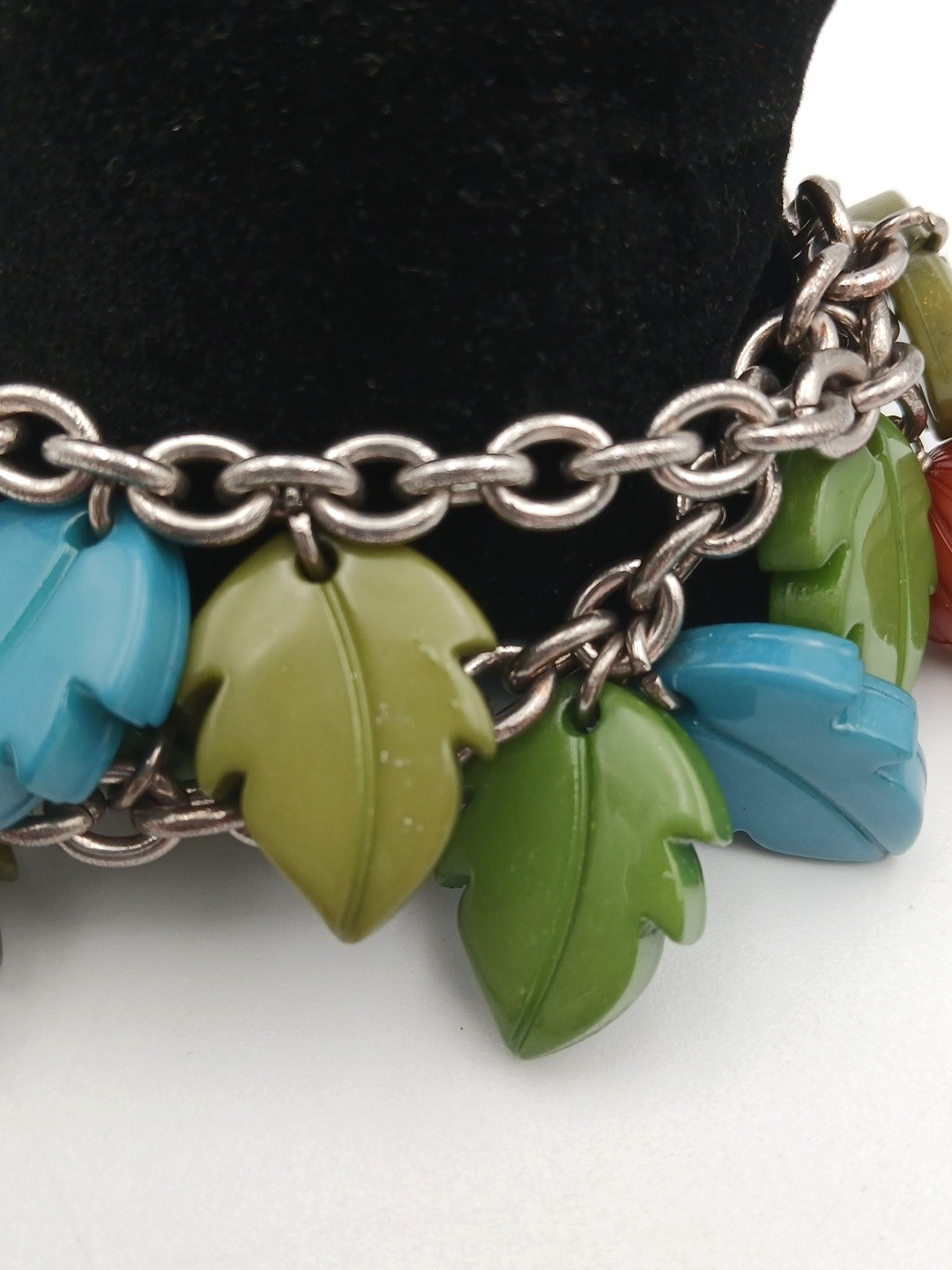 FENDI Dangle Charm Bracelet Acorns Leaves Chain Link Silver Tone READ