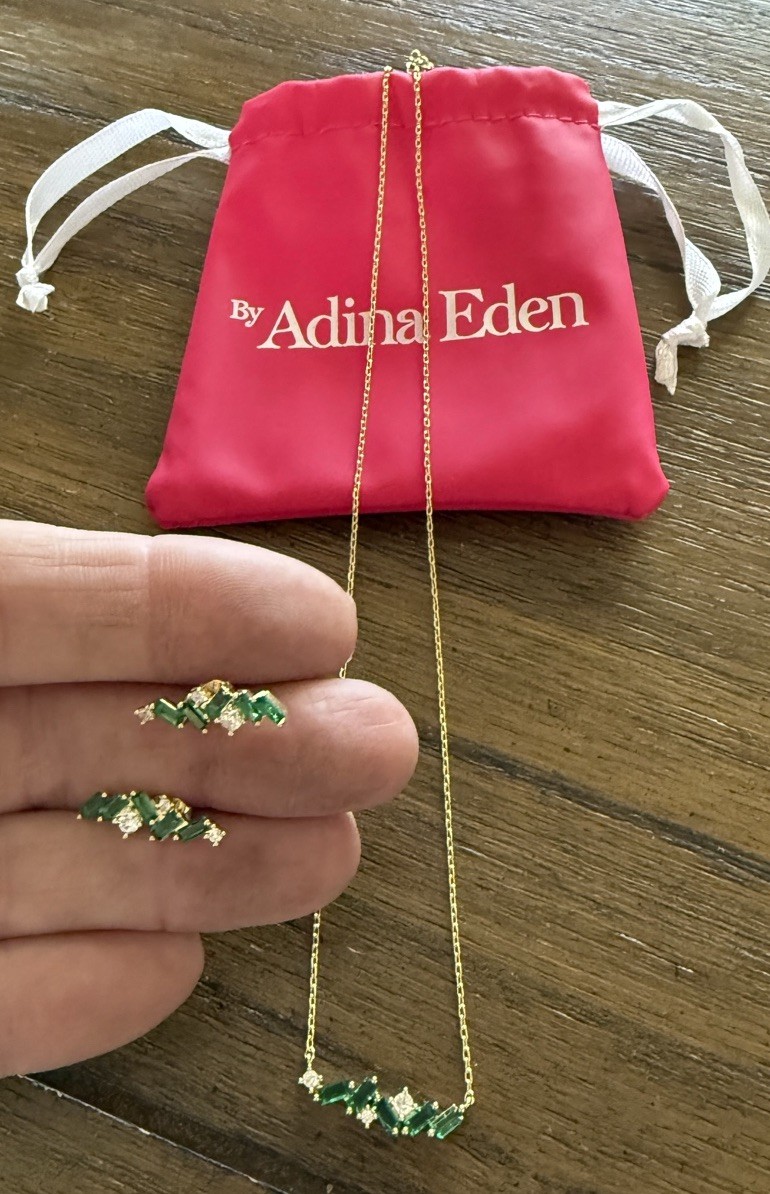 Adina Eden Emerald Green CZ Baguette Necklace & Earrings Set Gold Tone