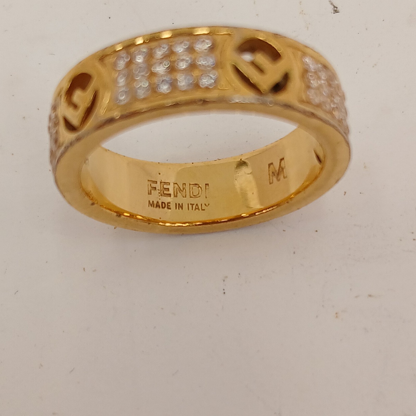 Fendi Designer Ring Gold Plated Size O Crystal Italian Authentic Preloved