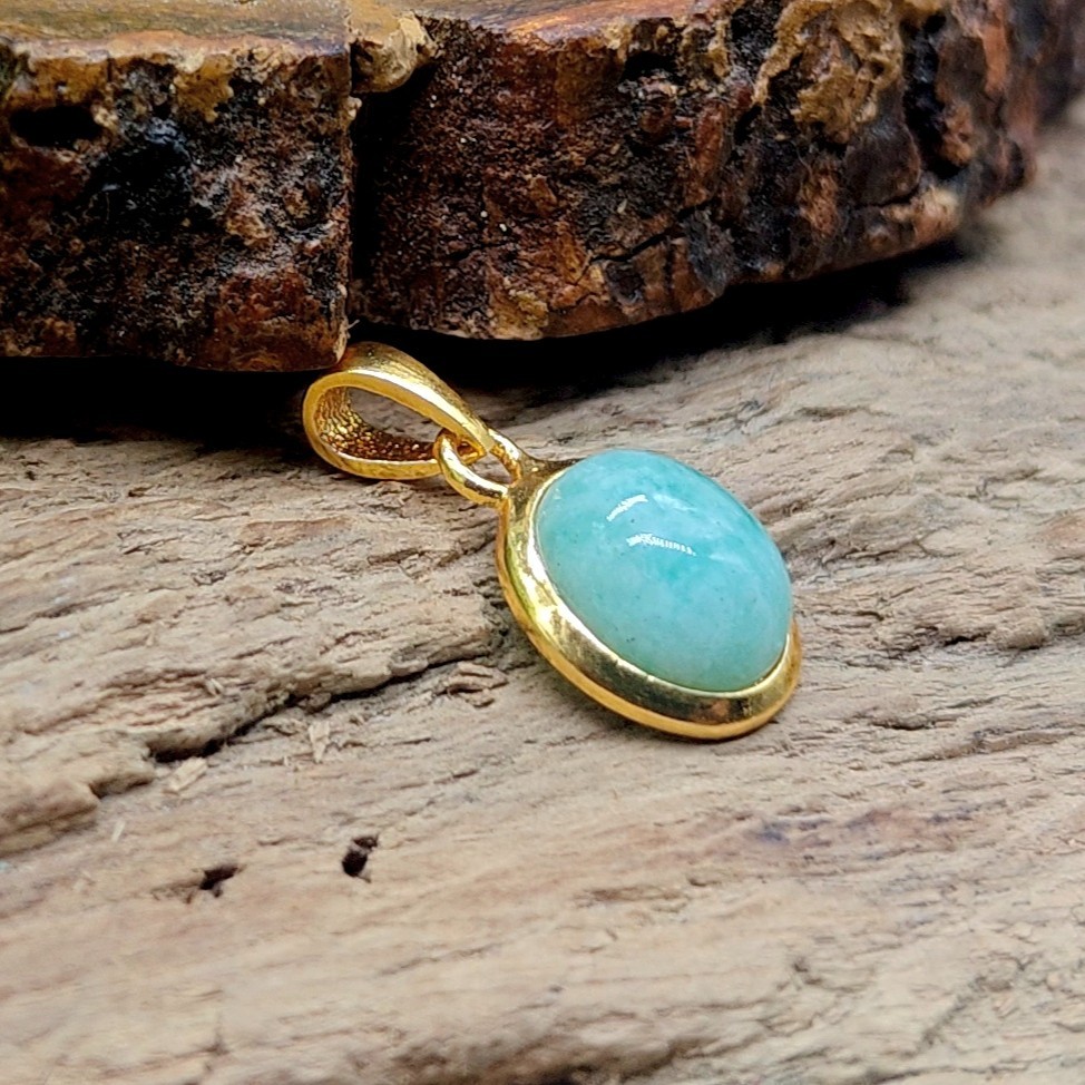 Natural Amazonite 9x11mm Oval Gemstone Pendant, Gold Plated Handmade Jewelry.