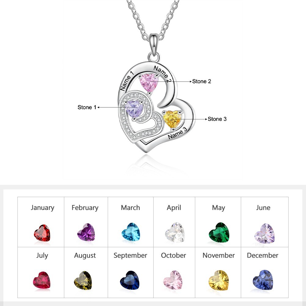 Personalized Engraved Double Heart Pendant Necklace 3 Names + 3 Birthstones