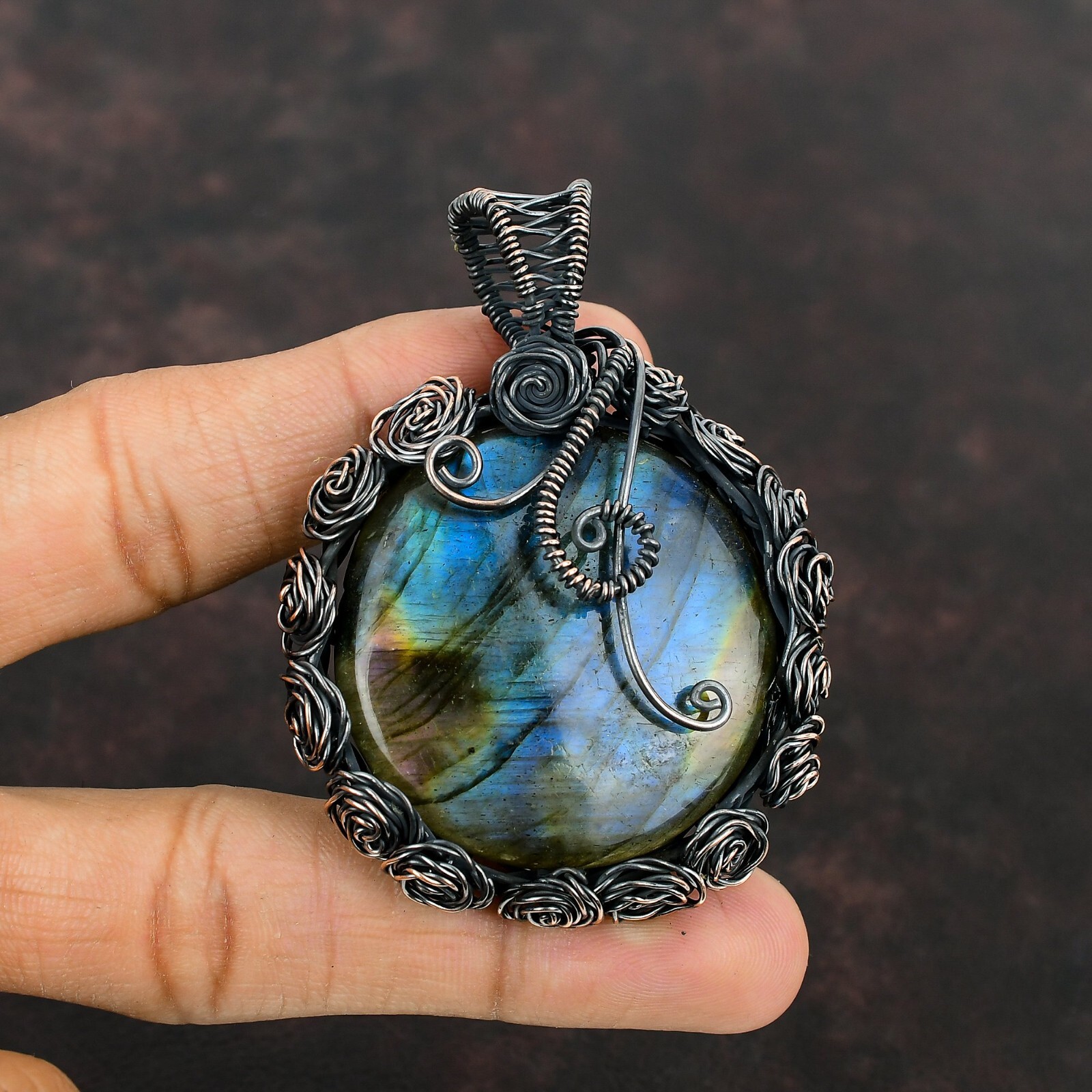 Gift For Women Jewelry Wire Wrapped Flower Pendant Copper Labradorite 2.76″