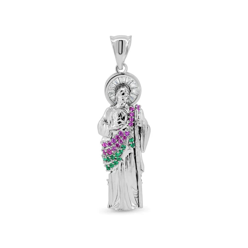 Sterling Silver 925 Multicolor CZ 3D 32mm St Jude Pendant