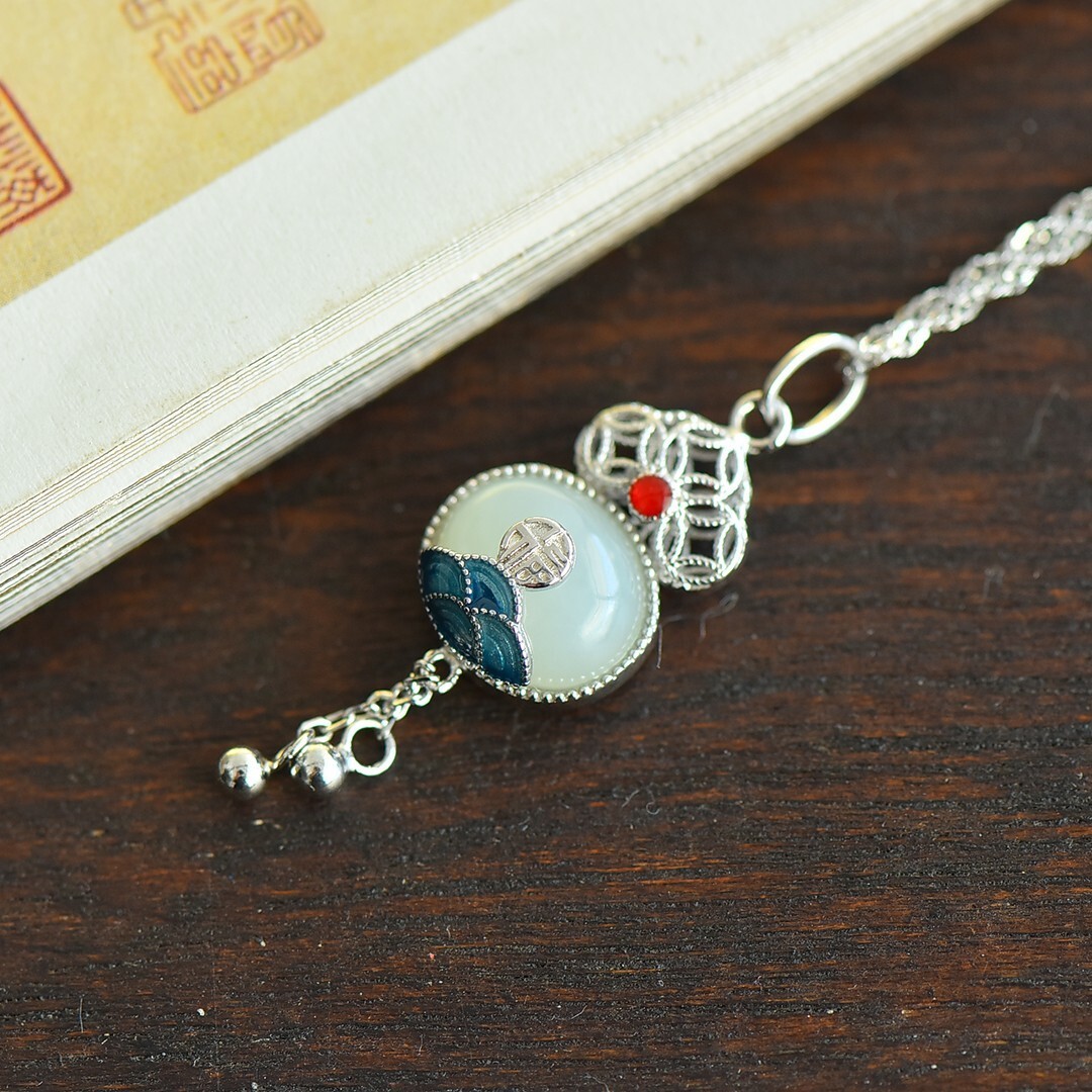 925 Silver with Hetian Jade egg face Fukushou Qi Ling tassel enamel pendant