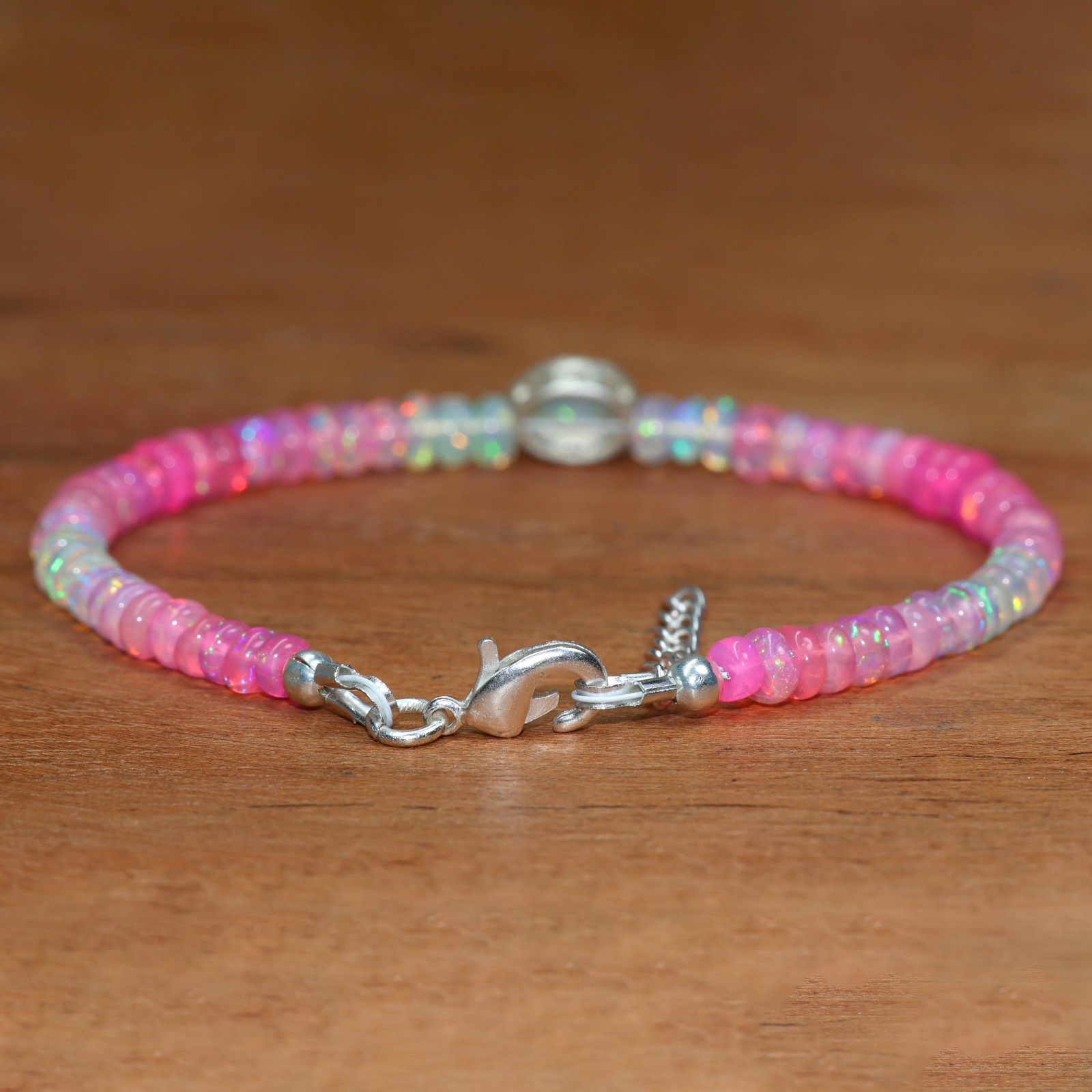 Pink Opal Gemstone Shaded Beaded Bracelet, Ethiopian Fire Opal Oval Bracelet