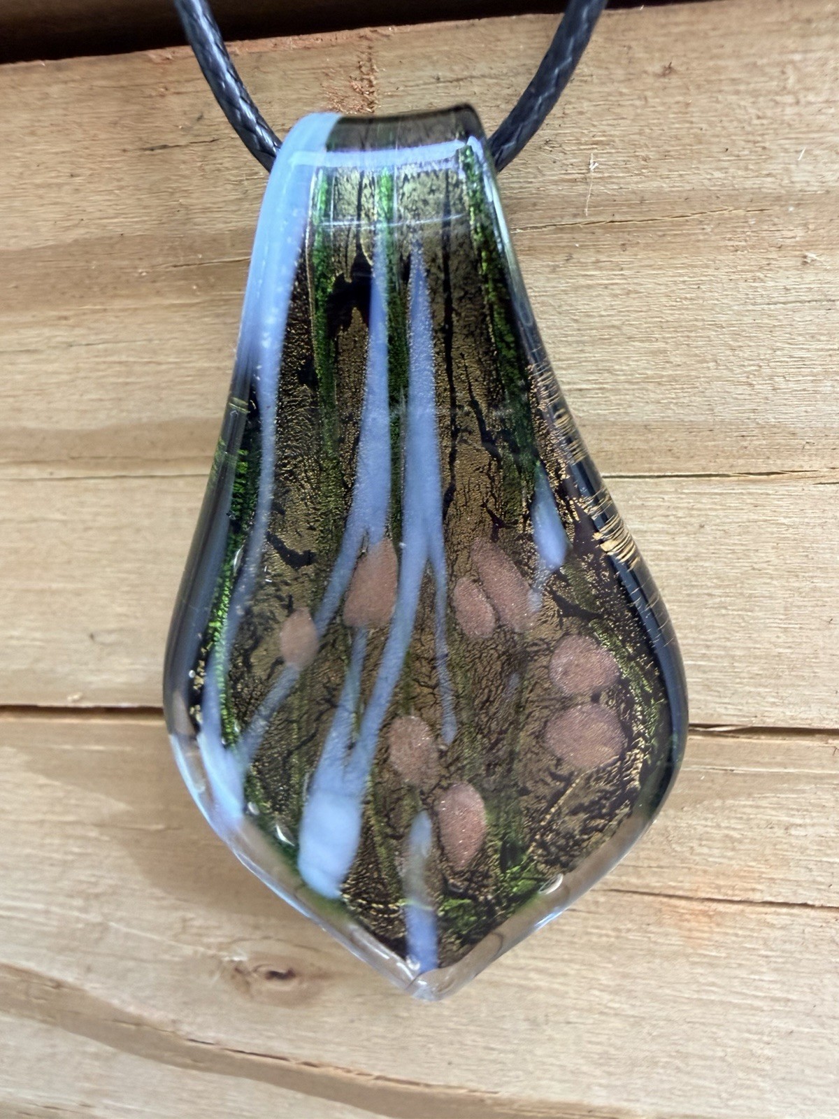 Glass Lampwork Murano Style Earth tone Leaf Pendant on Black Cord Necklace